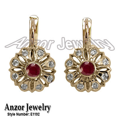 Russian Style Diamond & Ruby Earrings 14k Gold 585