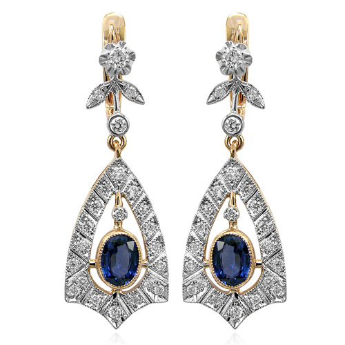 Russian Style Sapphire Diamond Earrings 14K 585