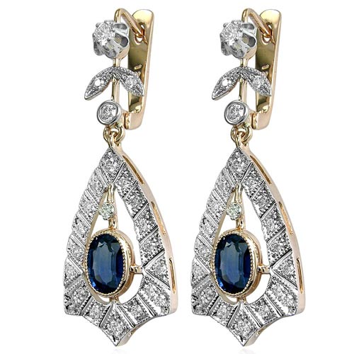 Russian Style Sapphire Diamond Earrings 14K 585