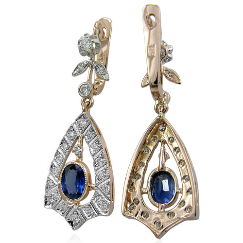 Russian Style Sapphire Diamond Earrings 14K 585