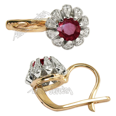 Russian Style Ruby Diamond Earrings 14k Gold