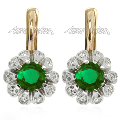 Russian Style Emerald Diamond Earrings 14k Gold