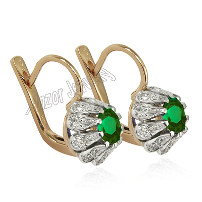 Russian Style Emerald Diamond Earrings 14k Gold