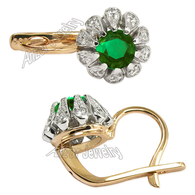 Russian Style Emerald Diamond Earrings 14k Gold