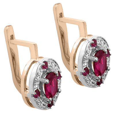 Russian Style Diamond Ruby Earrings 14K Gold