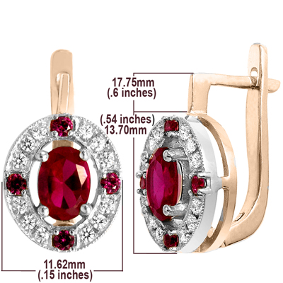 Russian Style Diamond Ruby Earrings 14K Gold