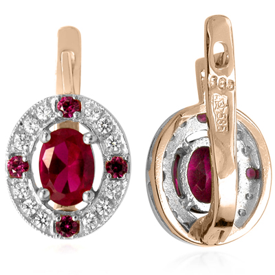 Russian Style Diamond Ruby Earrings 14K Gold