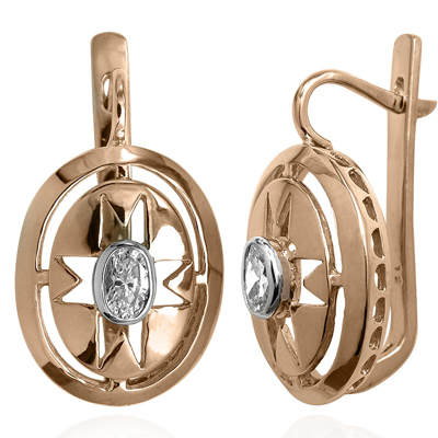 Russian Style White Sapphire Gold Earrings 14k