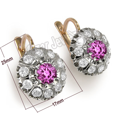 Russian Style Pink and White Sapphire Earrings 585