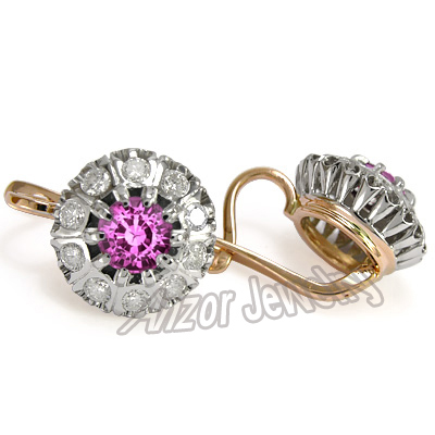Russian Style Pink and White Sapphire Earrings 585