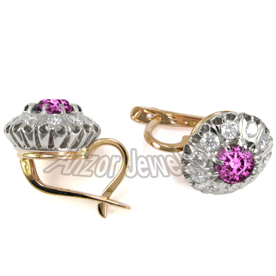 Russian Style Pink and White Sapphire Earrings 585