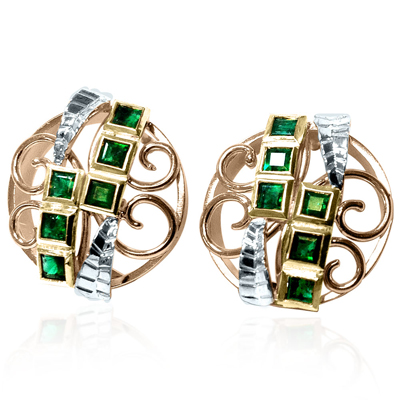Russian style Princess Cut Emerald Earrings 14k