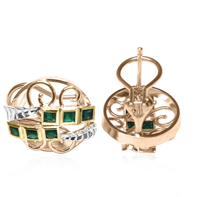 Russian style Princess Cut Emerald Earrings 14k