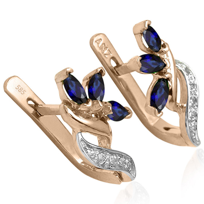 Russian Style Sapphire and Diamond Earrings 14K