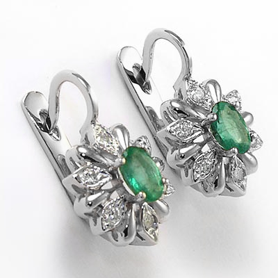 Russian Style Diamond Emerald Earrings 14k Gold