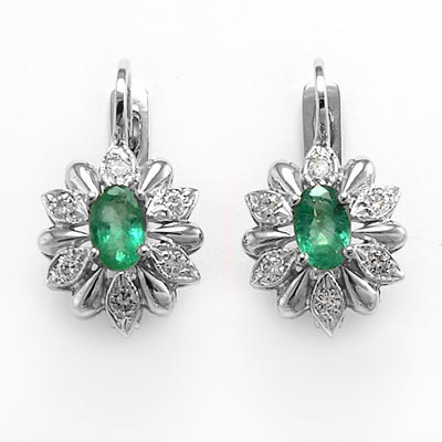 Russian Style Diamond Emerald Earrings 14k Gold