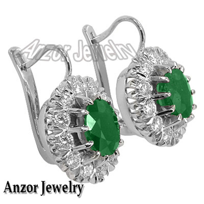 Russian style Emerald & Diamond Earrings 14K