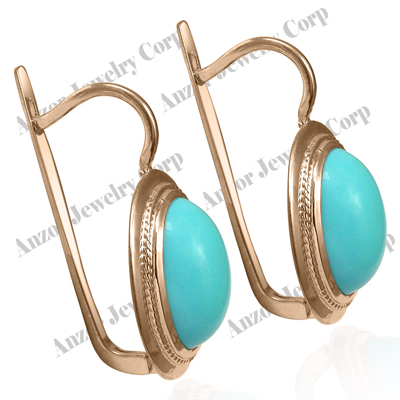 14k Solid Gold Turquoise Russian Style Earrings