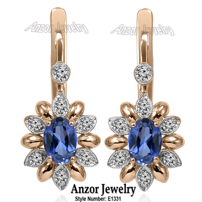 Russian Style Diamond Sapphire Earrings 14K F SI1