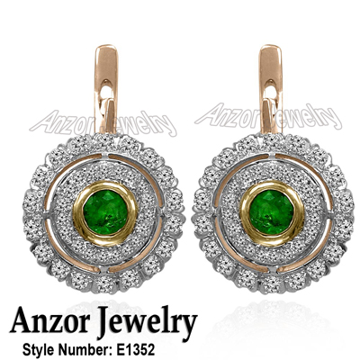 Russian style Emerald and Diamond Earrings 14K
