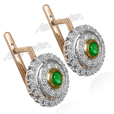 Russian style Emerald and Diamond Earrings 14K