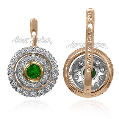 Russian style Emerald and Diamond Earrings 14K