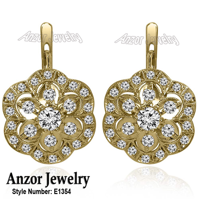 Pave Flower European style Diamond Earrings 14k