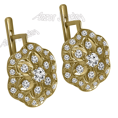 Pave Flower European style Diamond Earrings 14k