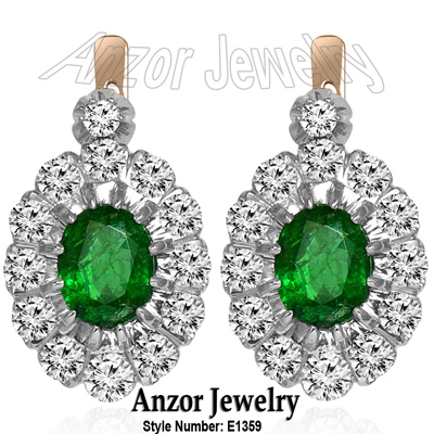Russian Jewelry Emerald & Diamond Earrings 14K