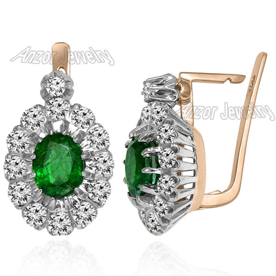 Russian Jewelry Emerald & Diamond Earrings 14K
