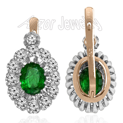 Russian Jewelry Emerald & Diamond Earrings 14K