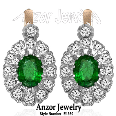 Russian style Emerald & Diamond Earrings 14K