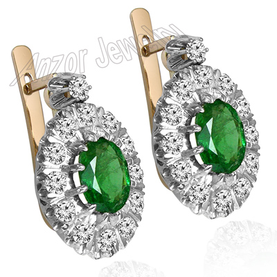 Russian style Emerald & Diamond Earrings 14K