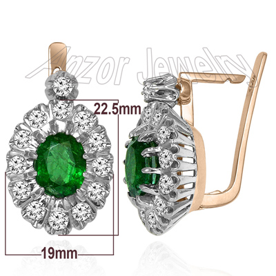 Russian style Emerald & Diamond Earrings 14K