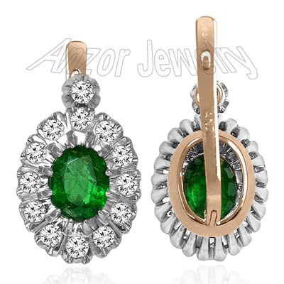 Russian style Emerald & Diamond Earrings 14K