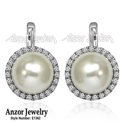 Russian style Diamond Pearl Earrings 14k Gold