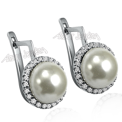 Russian style Diamond Pearl Earrings 14k Gold