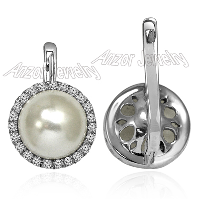 Russian style Diamond Pearl Earrings 14k Gold