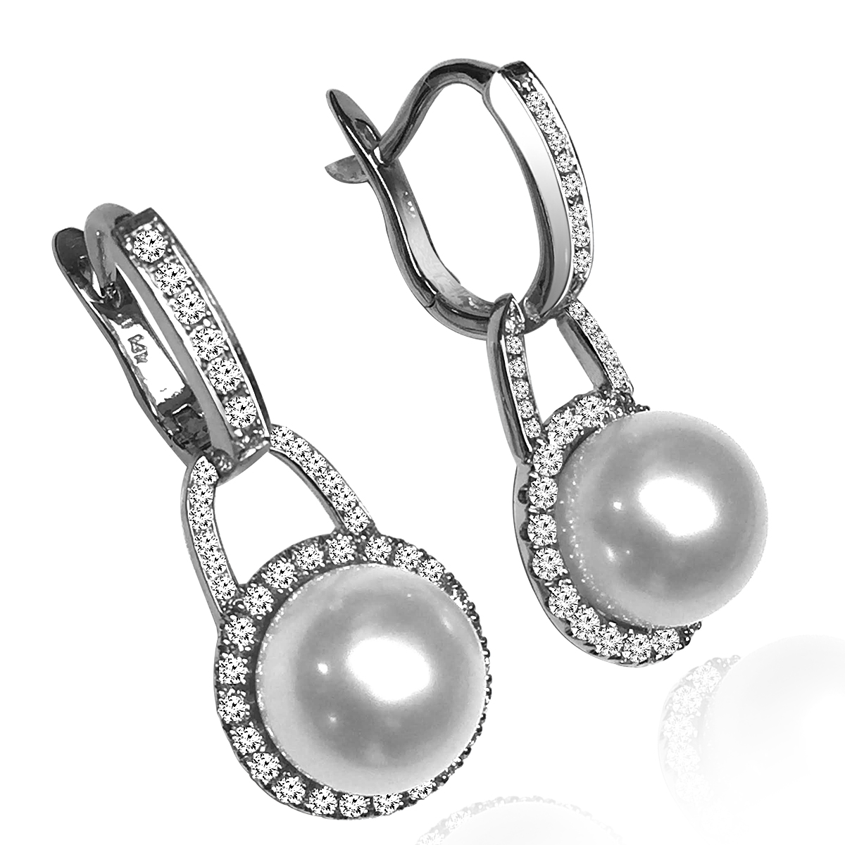 Russian style Diamond Pearl Earrings 14k Gold