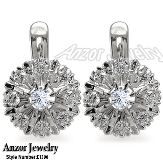 14k Solid White Gold Diamond Earings Russian Style
