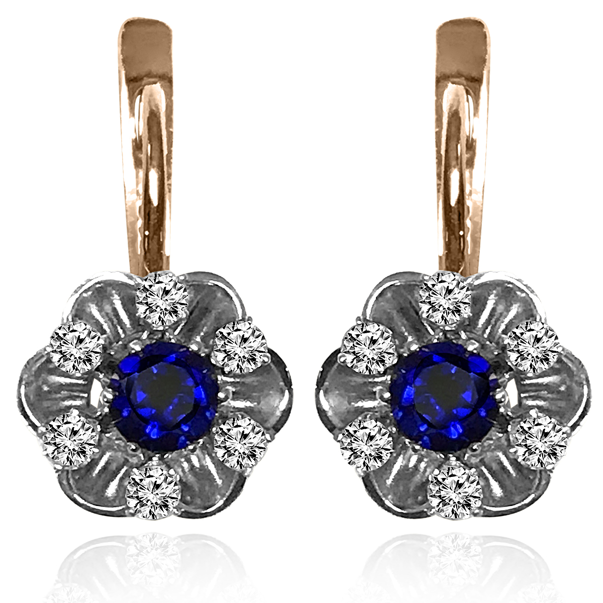 Russian style Earrings Sapphir and Diamond 14k 585