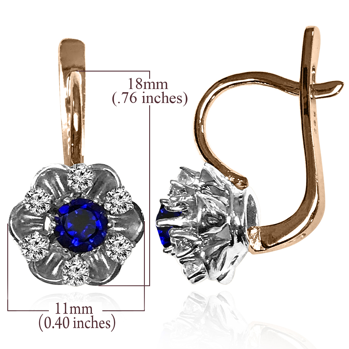 Russian style Earrings Sapphir and Diamond 14k 585