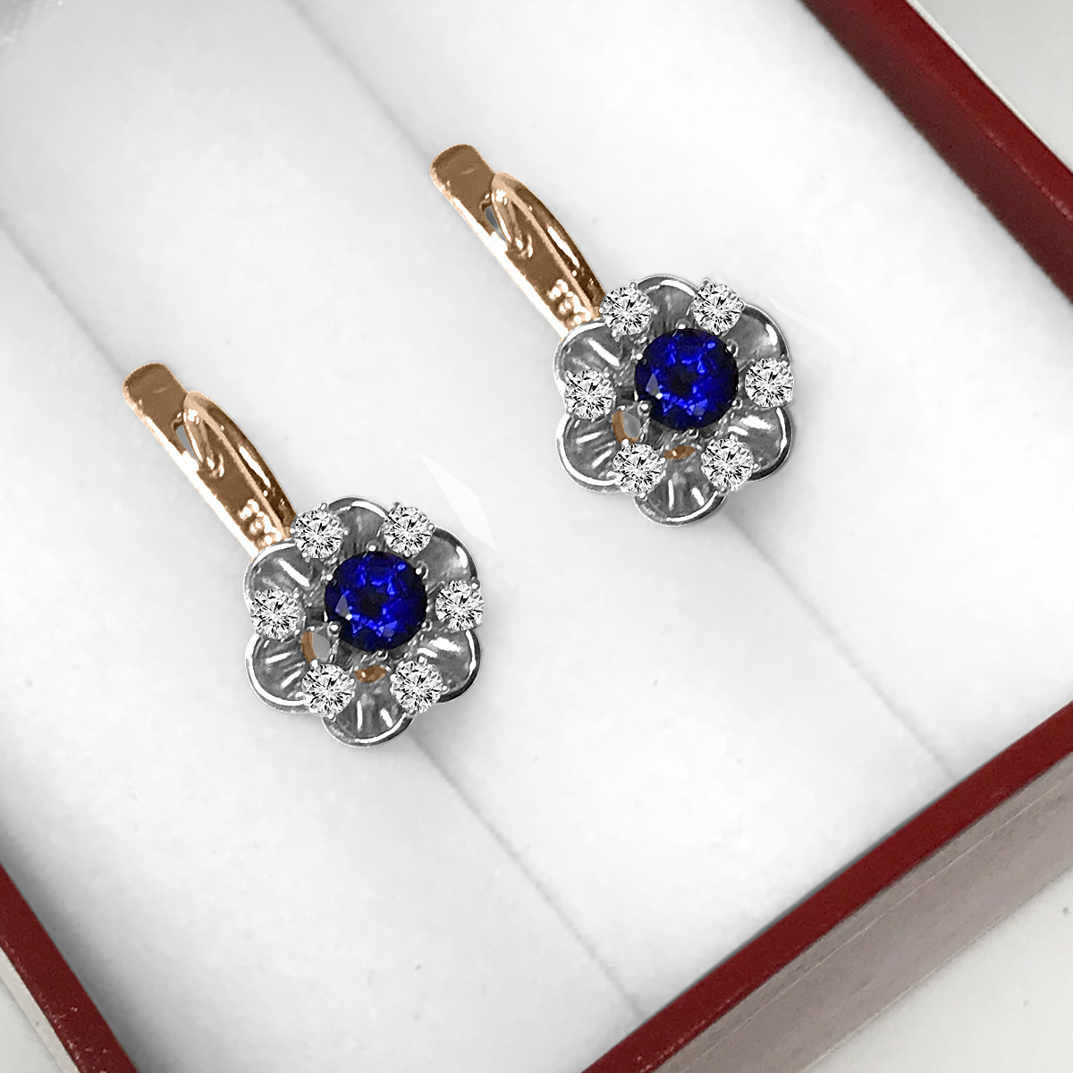 Russian style Earrings Sapphir and Diamond 14k 585