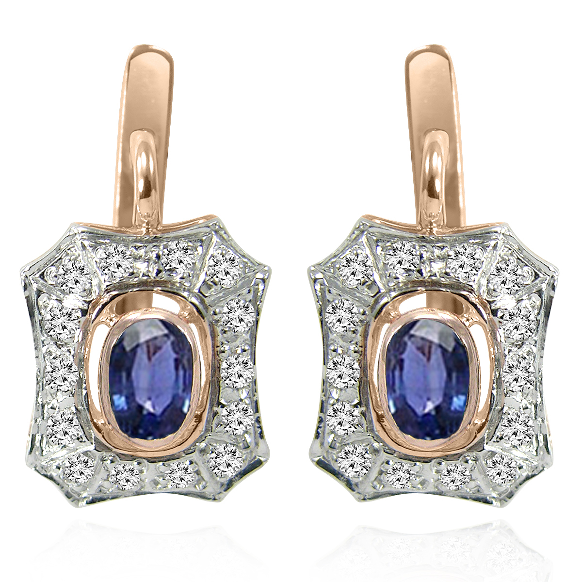 Russian Style Sapphire Diamond Earrings 14K