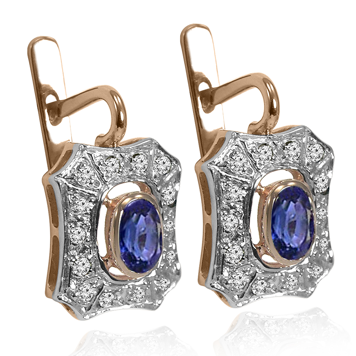 Russian Style Sapphire Diamond Earrings 14K