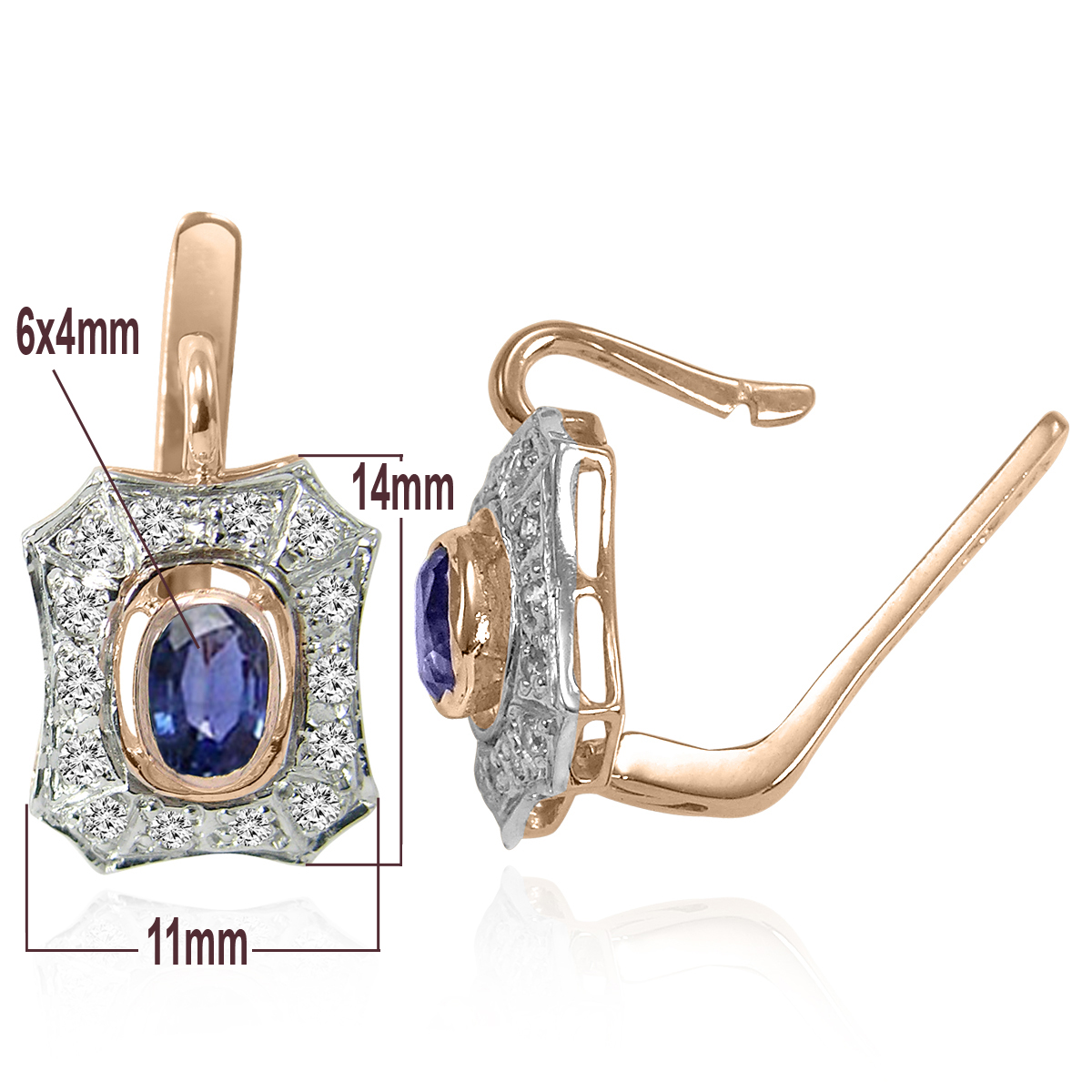 Russian Style Sapphire Diamond Earrings 14K