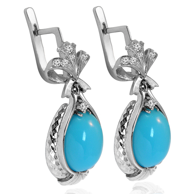 Russian Style Diamond Turquoise Earrings 585 F VS1