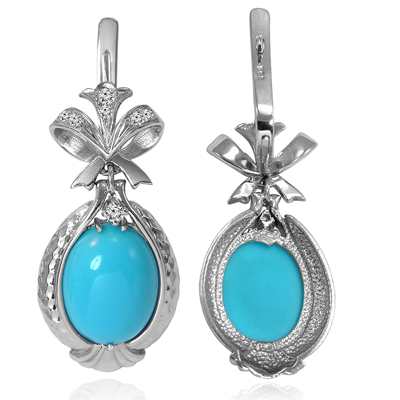Russian Style Diamond Turquoise Earrings 585 F VS1