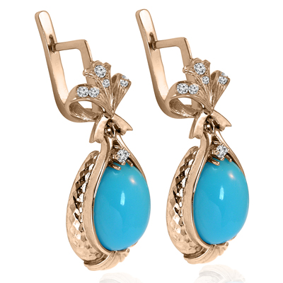 Russian Style Diamond Turquoise Earrings 585 F VS1
