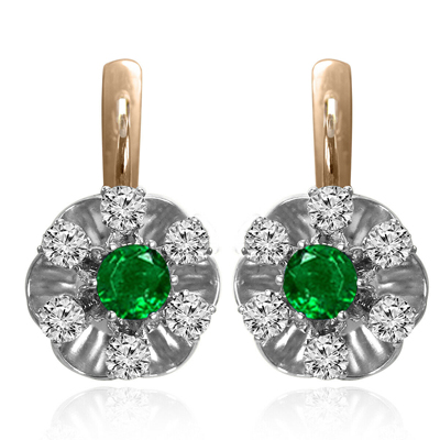 Russian Style Genuine Emerald Diamond Earrings 585
